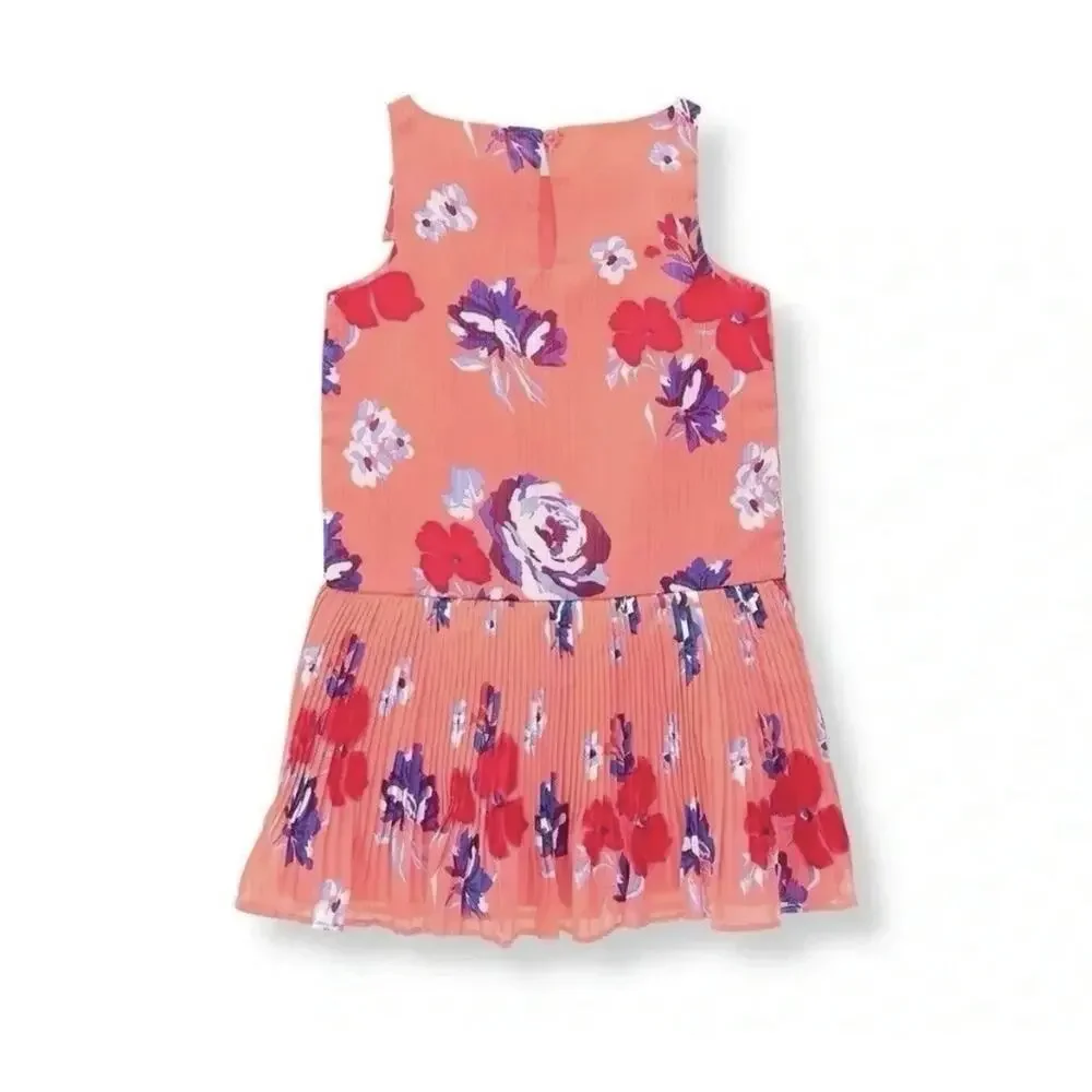 Janie And Jack Girl Vivid Coral Floral Print Chiffon Pleated Sleeveless Dress 6